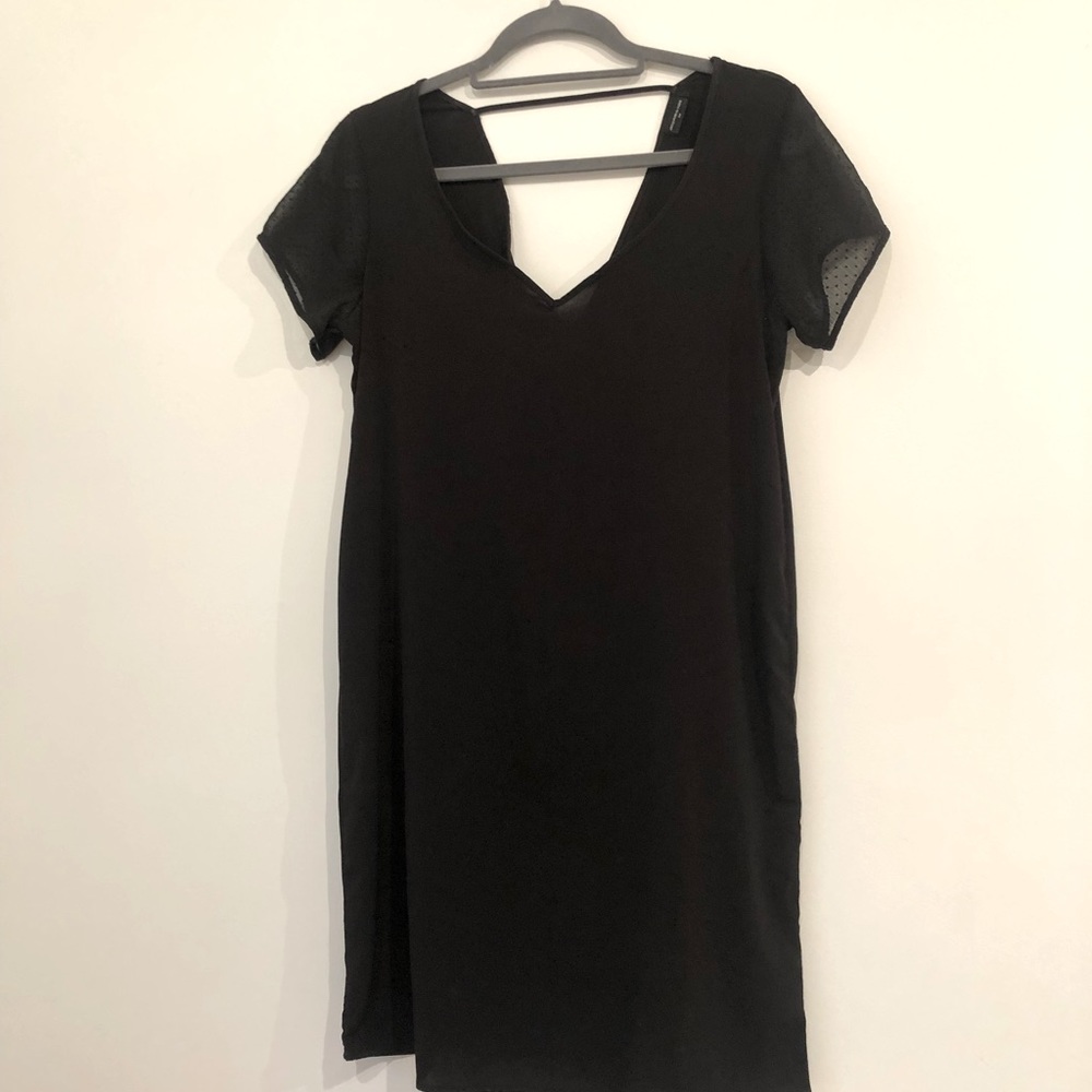 Black mini dress with sheer polka dot short sleeves. Size EU 34.
